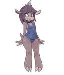 1_horn anthro blue_clothing blue_swimwear blush braces camel_toe clothing eyelashes female fur grey_body grey_fur hair hooves horn looking_at_viewer navel_outline one-piece_swimsuit purple_hair simple_background smile solo standing swimwear wet wet_clothing wet_swimwear white_background young unknown_artist corn_kidz_64 alexis_(corn_kidz_64) bovid caprine goat mammal digital_drawing_(artwork) digital_media_(artwork) hi_res