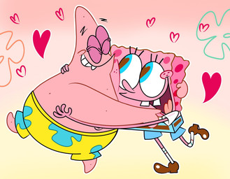 anthro blue_eyes duo happy heart_symbol hug male male/male open_mouth pink_body smile nezumiisya nickelodeon spongebob_squarepants patrick_star spongebob_squarepants_(character) aquatic asterozoan echinoderm sea_sponge starfish hi_res