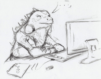 ambiguous_gender anthro dewlap_(anatomy) drawing_tablet electronics ellipsis eraser front_view grey_background half-closed_eyes looking_at_monitor looking_at_object monitor mouth_closed narrowed_eyes notebook simple_background solo speech_bubble deriaz iguana iguanid lizard reptile scalie 2014 greyscale half-length_portrait monochrome portrait sketch