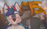 anthro blonde_hair blue_body blue_fur blue_hair blush brown_eyes cheek_tuft claws detailed_background dominant duo facial_tuft fangs fluffy_ears flushed fur green_eyes grey_body grey_fur hair horn hug kissing love male male/male nature nature_background neck_tuft nude orange_body orange_fur orange_hair red_cheeks red_horn serious serious_face teeth tuft whisker_spots white_body white_fur yellow_body yellow_fur haru_agayava jaycemutt nemejchyk canid canine canis domestic_cat felid feline felis fox hybrid mammal wolf hi_res