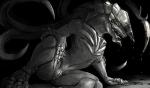 blood bodily_fluids claws female feral front_pussy genitals pussy solo toe_claws carrot_(artist) love_death_+_robots netflix khanivore alien hybrid monster 2019 absurd_res greyscale hi_res monochrome