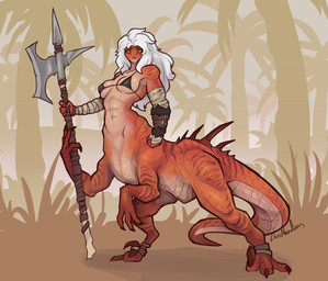 abs bra breasts claws clothed clothed_female clothed_taur clothing feet female fingers front_view hair looking_back medium_breasts navel outside plant solo standing tail toes tree underwear weapon lluisabadias dinosaur prehistoric_species reptile scalie taur 2026 absurd_res digital_drawing_(artwork) digital_media_(artwork) hi_res