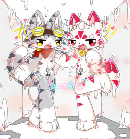 anthro bell bell_collar biped collar duo eyewear eyewear_on_head fur goggles goggles_on_head goo_body goo_drip goo_transformation grey_body grey_fur grey_stripes handles_on_arms heart_symbol kemono lock_bulge looking_at_viewer male open_mouth red_eyes red_stripes scarf slim_anthro slim_male standing stripes transformation white_body white_fur yellow_eyes caramelcatcat canid canine domestic_cat felid feline felis fox mammal 2025 hi_res
