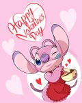 antennae_(anatomy) apron batter blue_eyes blue_tongue bowl claws clothing container eyelashes female heart_symbol holiday_message holidays long_antennae looking_at_viewer one_eye_closed pink_background pink_body purple_claws purple_nose simple_background solo spatula text tongue tongue_out tools wink harara disney lilo_and_stitch valentine's_day angel_(lilo_and_stitch) alien experiment_(lilo_and_stitch) 2021 4:5 cel_shading digital_drawing_(artwork) digital_media_(artwork) english_text hi_res shaded signature