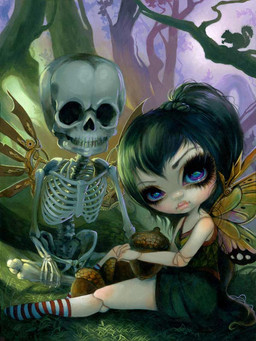 acorn ambiguous_gender black_hair bone bottomwear clothed clothing detailed_background doll duo eyebrows eyelashes female food footwear fruit hair insect_wings lepidopteran_wings lips long_hair looking_at_viewer makeup micro not_furry nut_(fruit) pink_lips plant ponytail pupils rib_cage shirt sitting skeleton skirt skull socks teeth topwear tree wings jasmine_becket-griffith ambient_squirrel animate_inanimate animated_skeleton fairy humanoid living_doll mammal undead 2014 3:4 dated formal_art painting_(artwork) traditional_media_(artwork) traditional_painting_(artwork)