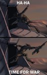 ambiguous_gender anthro boots bottom_text clothing footwear gun holding_object holding_weapon pose ranged_weapon rifle shoes solo tank_(vehicle) text vehicle weapon hastogs alien ambiguous_species 2017 comic digital_drawing_(artwork) digital_media_(artwork) hi_res meme
