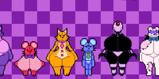accessory anthro big_breasts blue_body blue_bow_tie bow_tie breasts clothed clothing curvy_figure female femboy green_bow green_bow_tie green_necktie grey_background group hat headgear headwear hourglass_figure huge_breasts lineup machine male necktie orange_body pink_body pink_bow_tie plushie purple_background purple_body purple_bow_tie red_body red_necktie simple_background thick_thighs tiled_background wide_hips gremlingrounded lovedoll_toy_factory bratti_(gremlingrounded) catti_(gremlingrounded) creepi_(gremlingrounded) hoppi_(gremlingrounded) jerri_(gremlingrounded) merri_(gremlingrounded) nightguard_(gremlingrounded) security_(gremlingrounded) teddi_(gremlingrounded) teddibear_(gremlingrounded) android animate_inanimate bear domestic_cat felid feline felis humanoid lagomorph leporid mammal mouse murid murine rabbit robot rodent 2025 digital_media_(artwork) hi_res long_image pixel_(artwork) wide_image