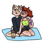 :3 anthro anthrofied beverage body_freckles bubble_tea collar female freckles hand_holding happy holding_object hug kneeling male picnic romantic romantic_couple simple_background smile femmebun finn_(femmebun) margaret_(femmebun) canid canine canis domestic_cat domestic_dog felid feline felis mammal 1:1