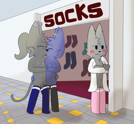anthro black_eyes black_nose blue_body blue_fur blush blush_lines breasts chest_tuft clothing clothing_store coat crossed_arms ear_piercing embarrassed eyelashes eyes_closed facial_tuft female floor footwear fur genitals group hair ineffective_clothing kiss_on_lips kissing lab_coat legwear male male/female mall mature_female mature_male navel nipples nude nude_anthro nude_female nude_male nudist penis piercing pink_clothing pink_legwear pink_thigh_highs ponytail public public_nudity red_rug sign simple_eyes socks standing store tail text thigh_highs tile tile_floor topwear trio tuft vulva soder_cat dr._fuzion_(soder_cat) link_fuzion_(soder_cat) domestic_cat felid feline felis hybrid lynx mammal absurd_res hi_res father_(lore) mother_(lore) mother_and_father_(lore) nonbinary_(lore) parent_(lore) parent_and_child_(lore)