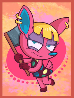 4_fingers abstract_background axe bangs bare_shoulders black_clothing black_dress blonde_hair blue_eyes blue_nose blunt_bangs border clothed clothing dress ear_piercing eyelashes female fingers fully_clothed fur hair half-closed_eyes holding_object hooves melee_weapon narrowed_eyes orange_border piercing pink_body pink_fur pink_tail polka_dots purple_hooves raised_leg raised_tail semi-anthro short_hair short_tail sleeveless_clothing sleeveless_dress solo standing tail weapon the-driz animal_crossing nintendo fuchsia_(animal_crossing) deer mammal digital_media_(artwork) full-length_portrait hi_res portrait