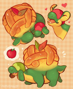 3_toes ambiguous_gender apple eyes_closed feet feral food fruit green_body green_tail happy heart_symbol leaf open_mouth orange_background pattern_background plant quadruped simple_background smile solo tail teeth text toes tongue yellow_body moth_sprout nintendo pokemon appletun food_creature generation_8_pokemon pokemon_(species) shiny_pokemon artist_name hi_res multiple_images
