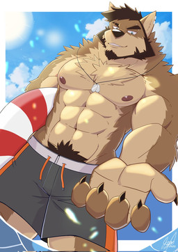 abs anthro biceps blue_eyes bottomwear brown_body brown_fur chest_fur clothed clothing cloud day dog_tags eyebrow_slit eyebrows fur kemono looking_at_viewer low-angle_view male muscular muscular_anthro muscular_male nipples outside pecs pool_float pubes shorts sky smile solo sun swimming_trunks swimwear tan_body tan_fur teeth topless water zen_crael canid canine canis mammal wolf 2023 digital_media_(artwork) hi_res