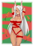 animal_ears big_breasts border breasts dark_body dark_skin eyelashes female front_view fur gift_wrapped green_background hair hands_behind_head holidays long_hair looking_at_viewer navel pube_peek pubes red_background red_eyes simple_background smile solo thick_thighs white_body white_border white_fur white_hair white_pubes wide_hips ravenrine christmas my_hero_academia rumi_usagiyama animal_humanoid humanoid lagomorph lagomorph_humanoid leporid_humanoid mammal mammal_humanoid rabbit_humanoid absurd_res hi_res