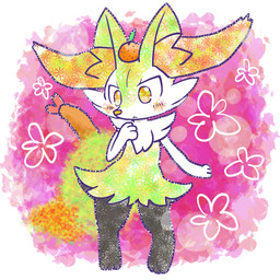 :< alternate_color ambiguous_anthro ambiguous_gender anthro biped blush blush_stickers border digitigrade dipstick_tail flat_chested food front_view fruit fur green_body green_fur markings mouth_closed no_pupils object_in_tail orange_(fruit) orange_on_head plant shrimp_(food) simple_background snout solo standing tail tail_markings white_border annyui0611 nintendo pokemon braixen canid generation_6_pokemon mammal pokemon_(species) 1:1 2024 digital_drawing_(artwork) digital_media_(artwork) full-length_portrait hi_res japanese_description portrait translated_description