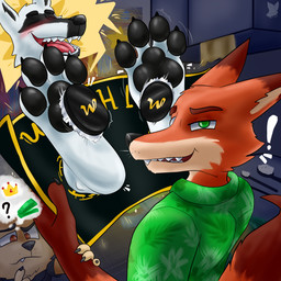 4_toes anthro black_nose black_pawpads blush brown_eyes brush brushing_feet cheek_tuft claws clothing eyebrows eyes_closed facial_tuft feet finger_claws foot_fetish foot_focus fur fur_tuft green_clothing green_eyes green_shirt green_topwear group looking_at_viewer looking_back looking_back_at_viewer male mouth_closed multicolored_body multicolored_fur open_mouth open_smile orange_body orange_fur pawpads paws pink_tongue shirt smile snaggle_tooth tail tan_body tan_fur teeth thought_bubble tickle_fetish tickle_torture tickling tickling_feet toe_claws toes tongue topwear trio tuft white_body white_fur white_sclera misterfuchs disney dreamworks puss_in_boots_(franchise) zootopia death_(puss_in_boots) finnick_(zootopia) nick_wilde canid canine canis fennec_fox fox mammal true_fox wolf 1:1 hi_res