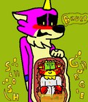 abdominal_bulge ambiguous_gender anthro anthro_pred blush blush_lines bodily_fluids bright_colors burping clothing curled_up digestion_noises digestive_fluids duo flustered gurgle_(sound_effect) hand_behind_back hand_on_belly hands_on_knees hands_on_legs internal looking_at_stomach looking_down_at_another looking_up_at_another onomatopoeia oral_vore rumbling_stomach simple_background sloshing_belly sound_effects stomach_acid text vore wet wet_body wet_clothing anonymous_artist sparklecare jay_fortune uni_cornelius alaskan_malamute canid canine canis domestic_cat domestic_dog felid feline felis mammal nordic_sled_dog spitz digital_media_(artwork) hi_res pixel_(artwork)