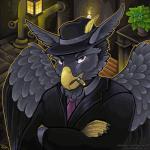 anthro beak boss cigar clothed clothing feathered_wings feathers feet gryffe hat headgear headwear looking_at_viewer mafia male mob mobster necktie noir shirt smoke smoking solo talons text toes topwear wings tacoma mythology blacktalon_(tacoma) aven avian gryphon mythological_avian mythological_creature 1:1 2018 digital_media_(artwork) digital_painting_(artwork) hi_res signature url