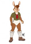 1990s anthro brown_body brown_eyes brown_hair buckteeth clothed clothing diaper diaper_cover footwear hair long_socks male neck_tuft scout_uniform shoes simple_background solo teeth tuft wearing_diaper white_background vawlkee bobby_bunny_(vawlkee) lagomorph leporid mammal rabbit digital_media_(artwork) hi_res signature