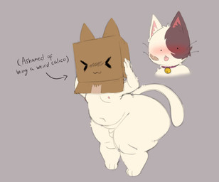 >_< anthro arrow_sign balls bell bell_collar big_butt black_eyes blush bottom_heavy box box_on_head brown_body brown_ears brown_fur butt collar container eyes_closed femboy fur genitals grey_background hair male mismatched_ears multicolored_body multicolored_fur navel nipples nude penis pink_collar pink_nipples shortstack shortstack_male simple_background small_balls small_penis solo standing tail text thick_thighs three-quarter_view tongue tongue_out two_tone_body two_tone_fur whiskers white_body white_ears white_fur white_hair white_tail wide_hips axoarts calico_cat domestic_cat felid feline felis mammal 2026 digital_media_(artwork) english_text hi_res