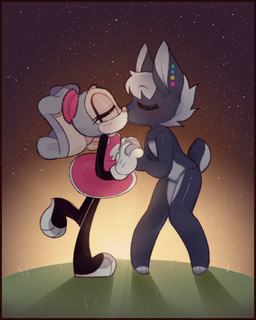 anthro clothing dress duo ear_piercing female kissing male male/female piercing sunset anonymous_artist amelia_(acecraft) sammy_(triixs) lagomorph mammal 4:5 hi_res