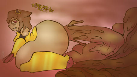 anthro armor black_sleeves brown_body brown_fur brown_hair dialogue excessive_feces eyewear fart fart_cloud feces feces_pile female fur goggles hair hyper hyper_feces hyper_feces_pile kneeling kneeling_on_ground pooping pooping_on_floor side_view solo talking_to_self yellow_armor yellow_clothes yellow_eyewear yellow_goggles swirlspicysoup gameoverse glitch_productions kit_bodega domestic_cat felid feline felis mammal 16:9 hi_res widescreen