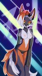 anthro areola armwear black_body breasts canid canine clothed clothing eyewear female fox hi_res looking_at_viewer mammal nipples omiart orange_body solo sunglasses topless topless_anthro topless_female underwear underwear_only white_body yellow_eyes