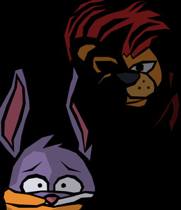 anthro goku_xenoverse_stare hand_on_mouth shitpost stare xenoverse_stare hot_knives reader_rabbit sam_the_lion felid lagomorph leporid lion mammal pantherine rabbit hi_res meme