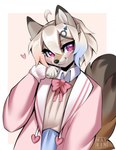 ahoge anthro blue_highlights blush clothed clothing countershade_face countershade_fur countershading cute_fangs eyelashes female fur gender_symbol hair heart_symbol highlights_(coloring) logo looking_at_viewer male_symbol pink_clothing pink_eyes pink_highlights solo symbol tail tan_body tan_fur white_hair mayrin_(artist) emi_hoshino canid canine canis coyote mammal 2024 artist_logo digital_media_(artwork) hi_res shaded male_(lore)