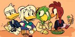 anthro beverage bracelet clothing female food group hat headgear headwear jewelry male shirt topwear verdetempera disney ducktales ducktales_(2017) the_three_caballeros della_duck donald_duck jose_carioca panchito_pistoles anatid anseriform avian bird chicken duck galliform gallus_(genus) parrot phasianid