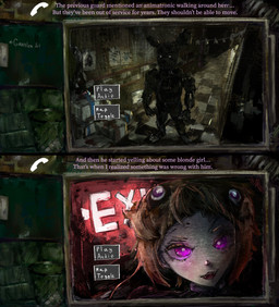 anthro bedroom_eyes blonde_hair cult cultist duo fangs female first_person_view glowing glowing_eyes hair male narrowed_eyes security security_camera seductive teeth text threatening grafelem five_nights_at_freddy's five_nights_at_freddy's_3 re:zero scottgames capella_emerada_lugunica changeling_(lorewise) springtrap_(fnaf) human humanoid lagomorph leporid mammal rabbit undead english_text hi_res