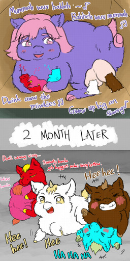1_horn >_< ambiguous_gender blonde_hair blue_body blue_fur blush blush_lines breastfeeding brown_body brown_fur color_coded_text crotch_breasts daww dialogue eyes_closed female female_feral feral fur good_parenting green_hair group hair hooves horn looking_at_another neonate open_mouth orange_hair orange_tail pink_eyes pink_hair pink_hooves pink_tail purple_hair red_body red_fur singing sleeping sleeping_together sound_effects tail teeth text toddler vowelless vowelless_sound_effect white_body white_fur young young_ambiguous young_feral zzz yellowcottoncandy030 fluffy_pony fluffy_pony_(species) mammal 1:2 2025 absurd_res broken_language comic digital_drawing_(artwork) digital_media_(artwork) english_text hi_res mother_(lore) mother_and_child_(lore) parent_(lore) parent_and_child_(lore) sibling_(lore)