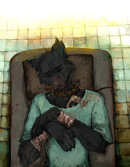 anthro arms_in_front bed black_body black_claws black_fur blood bodily_fluids claws collar detailed_background dried_blood eyebrows finger_claws fur furniture half-closed_eyes head_on_pillow high-angle_view hospital hospital_bed hospital_gown iv_line lying lying_on_bed male male_anthro medicine narrowed_eyes on_back on_bed pain pillow pointy_ears prick_ears slim_anthro slim_male snout solo syringe syringe_in_neck wraps wrist_wraps jeffusherb canid canine mammal 2025 aliasing digital_media_(artwork) english_description half-length_portrait hi_res pixel_(artwork) portrait
