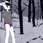 anthro black_hair bottomwear clothed clothing crossdressing femboy fur hair hill jumper male plant shorts snow snowing solo tree white_body white_fur kylethafemboy canid canine fennec_fox fox mammal true_fox 1:1 absurd_res hi_res