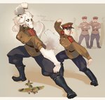 5_fingers aircraft anthro breasts clapping clothed clothing dancing eye_contact female fingers fluffy fluffy_tail fur group hair hat headgear headwear long_hair looking_at_another male military_uniform smile tail text uniform vehicle white_body white_fur white_hair hideki_kaneda sturmovik_(hideki_kaneda) borzoi canid canine canis domestic_dog human hunting_dog mammal sighthound 2020 hi_res