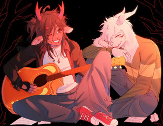 2_horns acoustic_guitar anthro antlers black_hair bottomwear brown_body brown_fur clothed clothed_anthro clothed_female clothed_male clothing denim denim_bottomwear denim_clothing duo ear_piercing ear_ring facial_piercing female fingerless_gloves floppy_ears footwear fully_clothed fully_clothed_anthro fully_clothed_female fully_clothed_male fur gloves guitar hair handwear horn jacket jeans jewelry lip_piercing long_ears male musical_instrument necklace pants piercing playing_guitar playing_music plucked_string_instrument ring_piercing shoes smile snakebite_piercing sneakers string_instrument sweater topwear white_body white_fur white_hair solidyogurt converse deltarune undertale undertale_(series) asriel_dreemurr dess_holiday bovid caprine deer goat mammal new_world_deer reindeer hi_res