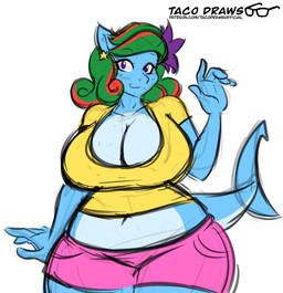anthro big_breasts biped bottomwear breasts cleavage clothed clothed_anthro clothed_female clothing female female_anthro hair huge_breasts humanoid_face looking_at_viewer multicolored_hair non-mammal_breasts overweight overweight_anthro overweight_female pink_clothing pose shorts simple_background solo text thick_thighs wide_hips yellow_clothing tacodraws aquatic fish shark colored_sketch digital_drawing_(artwork) digital_media_(artwork) guide_lines hi_res portrait sketch three-quarter_portrait url