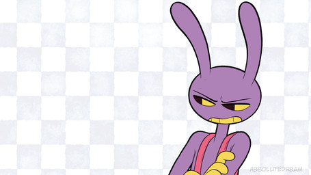 annoyed anthro checkered checkered_background clothed clothing expressions eyes_closed gesture gloves handwear male overalls pattern_background purple_body simple_background smile solo upset absolutedream glitch_productions the_amazing_digital_circus jax_(tadc) lagomorph leporid mammal rabbit animated loop signature