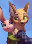 ambiguous_gender anthro blue_background blue_eyes clothed clothing duo fur green_eyes head_tuft hug inner_ear_fluff looking_at_viewer shirt simple_background tan_body tan_fur topwear tuft elodoart ribbontail_(character) vulpesvant_(character) canid canine fox lagomorph leporid mammal rabbit hi_res