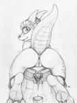 2017 anthro anus bodily_fluids dripping ecmajor feet female genital_fluids genitals graphite_(artwork) hi_res horn kobold looking_at_viewer looking_back monochrome nude pencil_(artwork) pussy pussy_juice_drip raised_tail rear_view scalie solo tail traditional_media_(artwork) vaginal_fluids