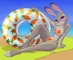 1mauve1 4_toes 5_fingers anthro beach beach_blanket bikini breasts carrot_pattern carrot_pool_toy carrot_print clothing disney feet female fingers food_pool_toy food_print fur grey_body grey_fur inflatable inner_tube judy_hopps lagomorph leporid looking_at_viewer mammal orange_bikini orange_clothing orange_swimwear pattern_pool_toy plant_print pool_toy print_pool_toy purple_eyes rabbit seaside solo swim_ring swimwear toes under_boob vegetable_pool_toy vegetable_print zootopia