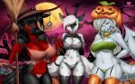 anthro big_breasts breasts clothed clothing female group hat headgear headwear holidays horn huge_breasts legwear looking_at_viewer off_shoulder panties skimpy standing thigh_highs underwear witch_hat hotbento halloween angela_bloodpaw blaze_monstrosity canid canine fish fox humanoid hybrid hyena mammal marine monster shark spotted_hyena 16:10 widescreen