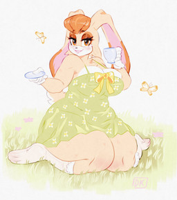 anthro big_breasts black_nose blush breasts cleavage clothed clothing container cup dipstick_ears dress ear_markings eyelashes female floppy_ears footwear front_view fur grass green_clothing green_dress head_tuft heart_eyes heart_symbol holding_container holding_cup holding_object holding_plate kneeling lipstick long_ears looking_at_viewer lop_ears makeup markings multicolored_ears orange_eyes pink_lipstick plant plate simple_background smile socks solo tan_body tan_fur thick_thighs tuft white_background white_body white_clothing white_footwear white_fur white_socks wide_hips yellow_bow darkriallet sega sonic_the_hedgehog_(series) vanilla_the_rabbit lagomorph leporid mammal rabbit hi_res