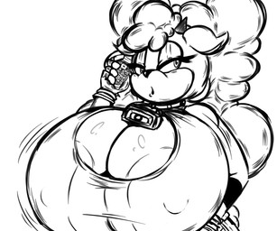 anthro areola areola_slip bell bell_collar big_breasts breast_jiggle breasts cellphone clothing collar electronics female fingerless_gloves flip_phone gloves half-closed_eyes handwear horn huge_breasts hyper hyper_breasts jiggling looking_aside narrowed_eyes nipple_outline phone solo ultimateshadow idw_publishing sega sonic_the_hedgehog_(comics) sonic_the_hedgehog_(idw) sonic_the_hedgehog_(series) lanolin_the_sheep_(sonic) bovid caprine mammal sheep 6:5 hi_res monochrome