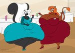 anthro belly belly_size_difference beverage big_belly big_breasts big_butt blue_eyes breasts butt candle clothing container copyright_symbol cup dress drinking_glass duo female footwear furniture glass glass_container glass_cup hair high_heels horn huge_breasts huge_butt huge_thighs jacket name_tag obese obese_anthro obese_female open_mouth orange_hair overweight overweight_anthro overweight_female shoes symbol table text thick_thighs topwear white_hair wide_hips wine_glass satsumalord camille_(satsumalord) jen_(bludgeonwarrior) bovid bovine cattle mammal mephitid skunk 2015 digital_media_(artwork)