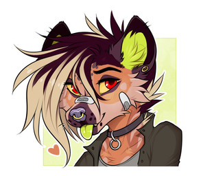 alternative_fashion anthro band-aid bandage brown_body brown_fur cheek_tuft clothed clothing collar ear_piercing emo_haircut facial_piercing facial_tuft female fur green_inner_ear green_inner_ear_fluff hair heart_symbol inner_ear_fluff jacket looking_at_viewer markings mohawk multicolored_hair nose_piercing nose_ring orange_body orange_fur outline piercing popped_collar punk red_eyes ring_piercing simple_background solo spots spotted_markings striped_body striped_fur stripes text tomboy tongue tongue_out topwear tuft white_background yellow_sclera yellow_tongue f-r95 tenur hyena mammal spotted_hyena bust_portrait digital_media_(artwork) portrait url