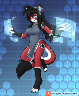 anthro barefoot black_body black_fur black_hair blue_eyes breasts clothed clothing digitigrade dress electronics feet female fully_clothed fur hair headgear headphones headset hologram long_hair looking_at_viewer machine multicolored_body multicolored_fur open_mouth red_body red_fur science_fiction smile solo text lamont786 ara_(fluff-kevlar) android domestic_cat felid feline felis mammal robot hi_res url