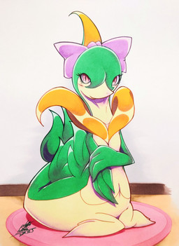 3_fingers ambiguous_gender anthro belly blush blush_lines carpet feral fingers flat_chested floor glistening glistening_body green_body holding_arm kneeling leaf leaf_tail long_neck looking_at_viewer markings multicolored_body navel neck_collar raised_tail red_eyes ribbons simple_background sitting smile smiling_at_viewer snout solo tail tan_body 025aki nintendo pokemon generation_5_pokemon pokemon_(species) servine absurd_res hi_res