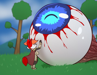 ambiguous_gender anthro anthrofied armor big_breasts blue_eyes booth breasts cape clothing cloud day duo female fluffy fluffy_tail grass inner_ear_fluff petting plant pokemorph sabatons snout tail thick_thighs tree tuft vambrace wide_hips e254e nintendo palworld pocketpair pokemon terraria dominator_(typicaldork) eye_of_cthulhu_(terraria) braixen eyeball_monster generation_6_pokemon pokemon_(species) absurd_res hi_res