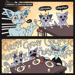 anthro black_clothing black_shirt black_topwear breasts carbonara chewing clothing dialogue ear_piercing eating female female_anthro food group humor nude piercing shirt sound_effects speech_bubble text topwear trio ponporio nintendo pokemon rina_(duraspaz) ro_(duraspaz) sini_(duraspaz) alolan_form alolan_meowth generation_1_pokemon generation_7_pokemon generation_8_pokemon hisuian_form hisuian_sneasel nidorina pokemon_(species) regional_form_(pokemon) 1:1 absurd_res comic english_text hi_res