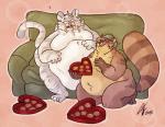 2018 ambiguous/ambiguous ambiguous_gender anthro belly big_belly big_tail blep blush brown_body brown_fur brown_hair candy canid canine chocolate chubby_cheeks claws cute_fangs dessert digital_media_(artwork) double_chin duo felid food fur furniture hair hand_on_belly happy heart_symbol kneeling leucistic licking licking_lips mammal morbidly_obese navel obese overweight pantherine pink_background plein raccoon_dog raccoonkind self_lick simple_background sitting smile sofa tail tanuki tiger toe_claws tongue tongue_out weight_gain whiskers white_body white_fur